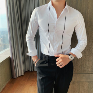 个性线条刺绣男士白衬衫修身西装打底长袖衬衫白色A213/C012/P60图片
