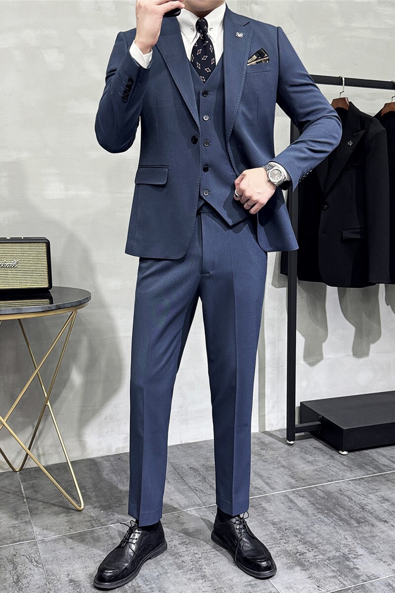 新款高级感色织条纹西服新郎结婚礼服西装三件套蓝色SJT8031-P285,男装西服套装,电商A213
