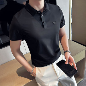 英伦风~暗条纹高弹冰丝翻领无痕T恤男士短袖POLO衫卡其色PL03-P60图片