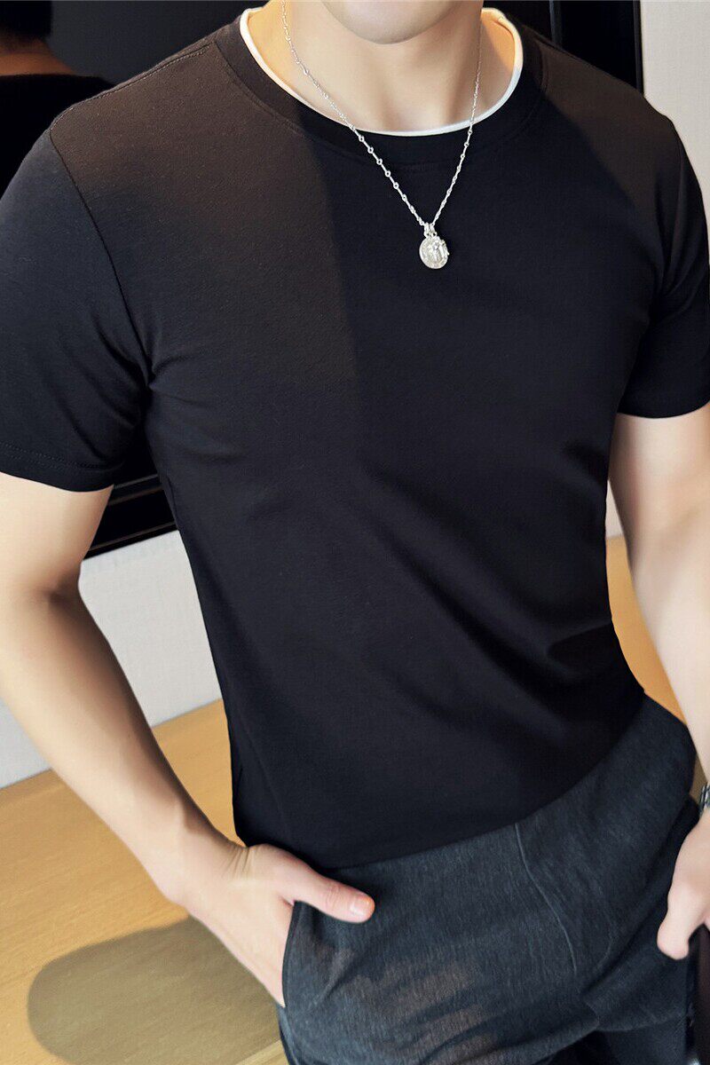 假两件打底衫男士短袖t恤纯棉紧身弹力修身百搭上衣黑色DT18-P37,男装T恤,电商A213