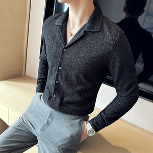个性褶皱面料坑条个性长袖衬衫古巴领衬衣男大翻领咖啡C2631-P63图片