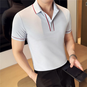 新疆长绒棉液氨科技~夏季线条撞色polo衫短袖t恤宝石红PL2256-P48图片