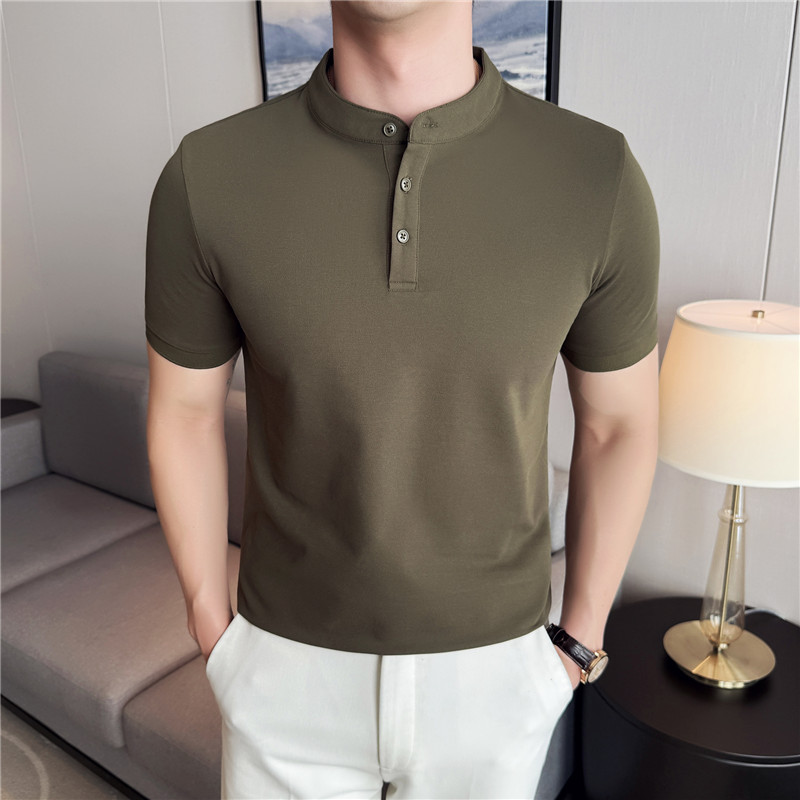 新增军绿色~新中式立领薄款polo衫纯色短袖t恤亨利领PLH011-P35特，男装Polo衫，电商A213