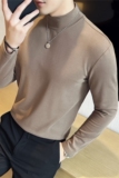 高品质~半高领长袖t恤男纯棉宽松纯色中领打底衫咖啡色TU277-P52，男装T恤，电商A213