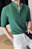 暗门襟立领衬衫男中袖圆领衬衣弹力垂感衬衣墨绿色C2351-P58，男装衬衫，电商A213