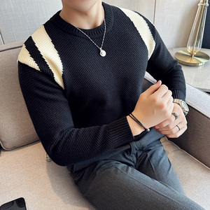 华夫格拼色毛衣男针织套头毛衣圆领毛线针织衫咖啡色M9913-P88图片
