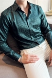 长期做~亮面高级感男空调衬衫斑马纹帅气长袖衬衣墨绿色CXT1-P60，男装衬衫，电商A213