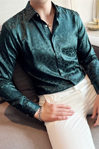 长期做~亮面高级感男空调衬衫斑马纹帅气长袖衬衣墨绿色CXT1-P60图片