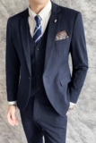 个性虚线条纹休闲西装套装男修身帅气西服三件套蓝色SJT109/P265，男装西服套装，电商A213