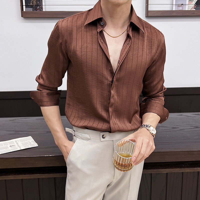 2025春装高级感垂感褶皱条纹气质长袖衬衫花衬衣咖啡色CZ009-P73图片