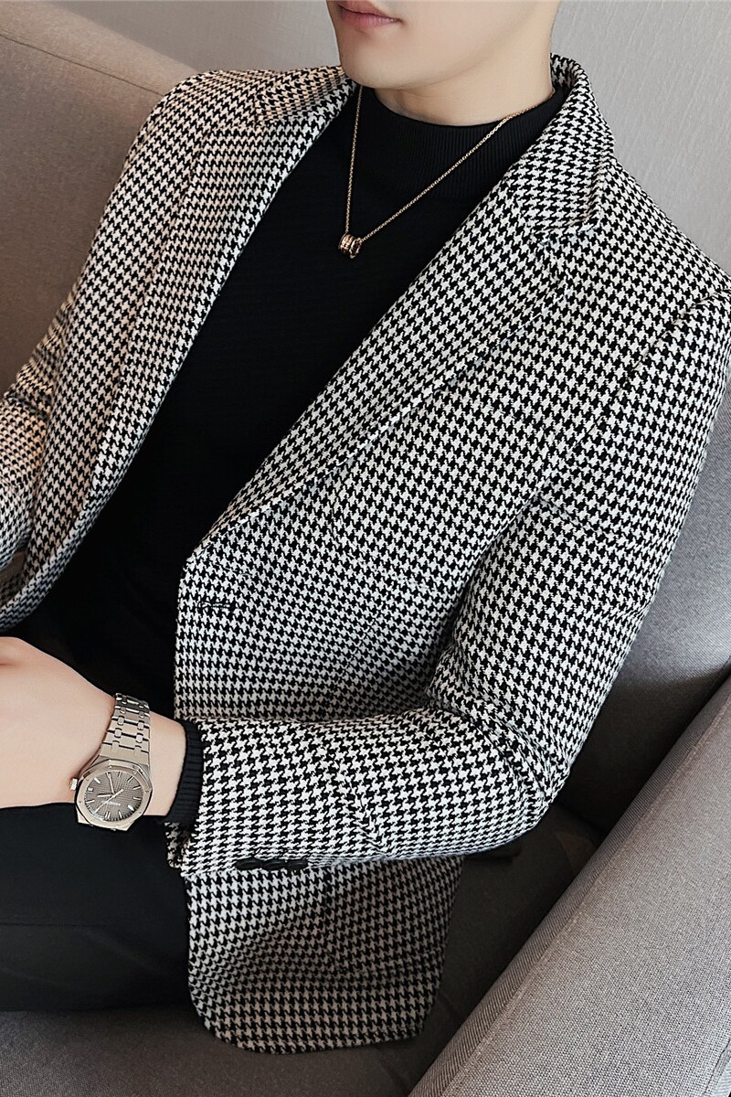 补齐大货~西装外套男潮流修身黑白拼接千鸟格子西服男DX916-P138,男装西服套装,电商A213
