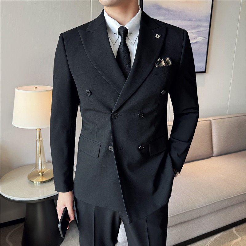高级感戗驳领双排扣西装三件套男修身商务西服套装SJT7053-P190特，男装西服套装，电商A213