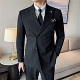 跑量款戗驳领双排扣西装三件套男修身商务西服套装SJT7053-P190特，男装西服，电商A213