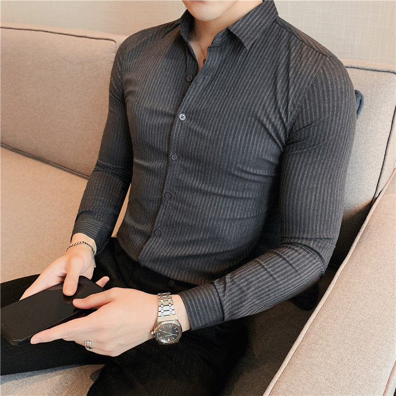 秋装新款男士时尚暗条纹长袖衬衫磨毛修身衬衣男灰色C8601/P65图片