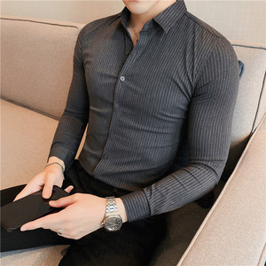 秋装新款男士时尚暗条纹长袖衬衫磨毛修身衬衣男灰色C8601/P65图片