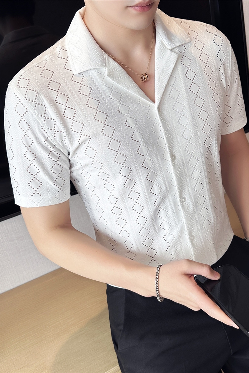 冰丝轻薄透气镂空古巴领短袖衬衫男西装领蕾丝提花衬衣C2628-P58，男装T恤，电商A213