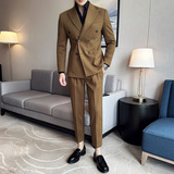 双排扣男士毛呢休闲西服套装妮子加厚西装两件套驼色LJT8809-P220，男装西服套装，电商A213