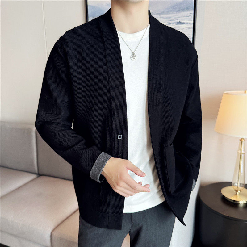 高级感秋冬撞色拼接加厚毛衣外套男V领针织开衫黑色M2223-P98图片