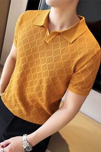 英伦风~V领镂空针织翻领短袖T恤修身洞洞Polo衫咖啡色PL9763-P63图片