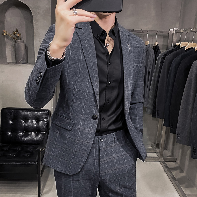 新款男士格子西装两件套修身西服套装蓝色LJT873/P230图片