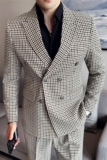 高级感千鸟格子帅气西服两件套男双排扣休闲西装卡其格LJT-2-P225，男装西服套装，电商A213