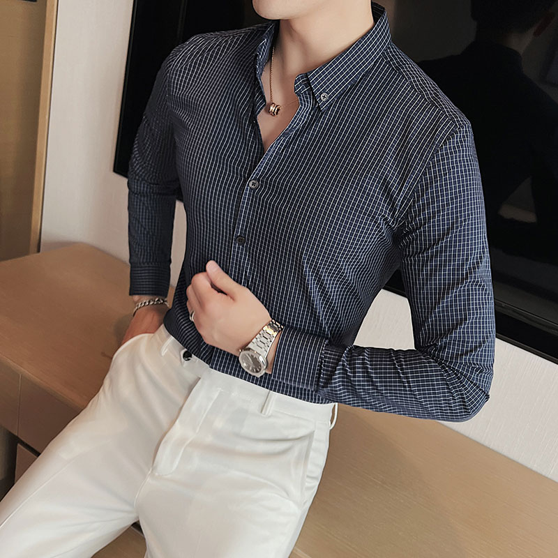 2025秋装新款男质感格子衬衫修身潮男商务长袖衬衫蓝色C8646-P63，男装衬衫，电商A213