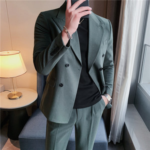 双排扣条纹西服两件套男士西装套装戗驳领修身西服蓝色LJT36-P230图片