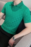 夏季格子短袖T恤性感V领针织Polo衫弹力修身翻领绿色PL9736-P60，男装T恤，电商A213