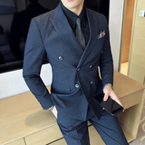 高品质面料西服套装双排扣戗驳领西装三件套男雾蓝色SJT8011-P275，男装西服套装，电商A213