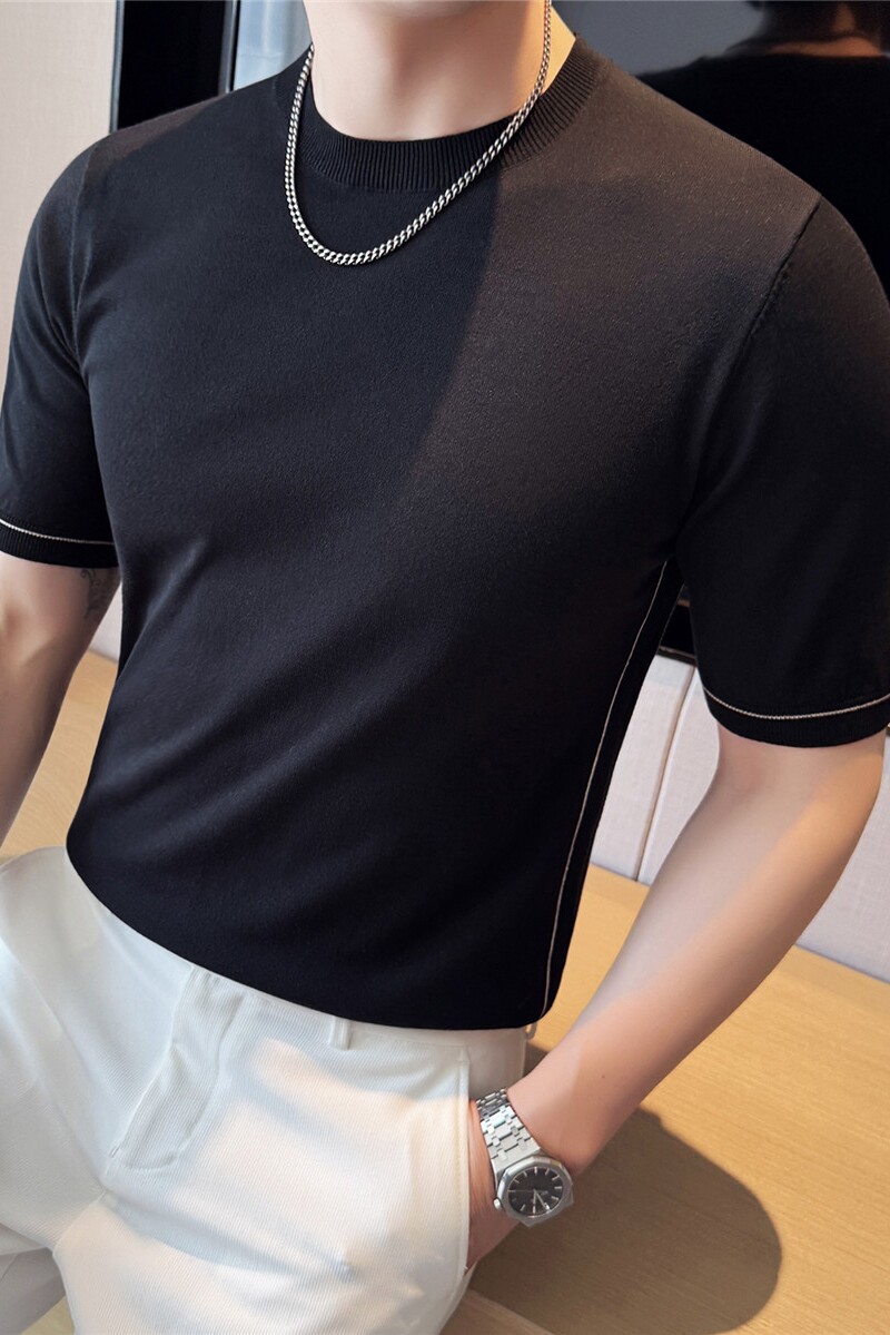 【天丝莱赛尔】夏季冰丝薄款条纹圆领针织短袖T恤男黑色T2408-P63,男装T恤,电商A213