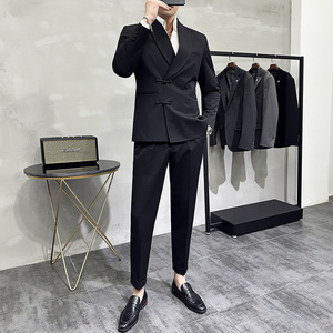 新中式休闲盘扣西服套装青果领宴会西装两件套男黑色LJT953-P243图片