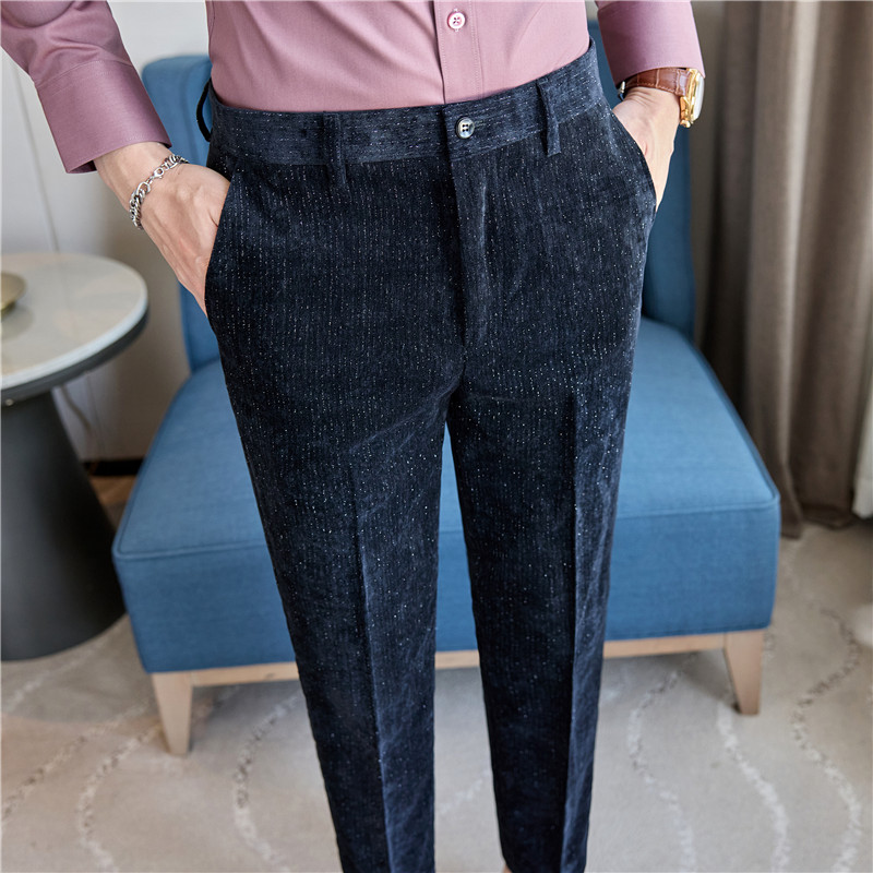 高级感休闲长裤秋冬加厚丝绒西裤修身条纹西装裤子绿色XK630-P68，男装西裤，电商A213