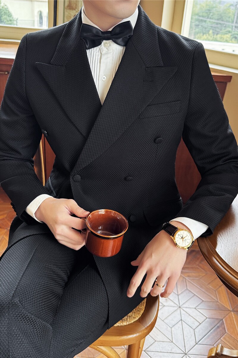 高级感戗驳领双排扣华夫格西服套装男礼服西装两件套LJT6601-P205，男装西服，电商A213