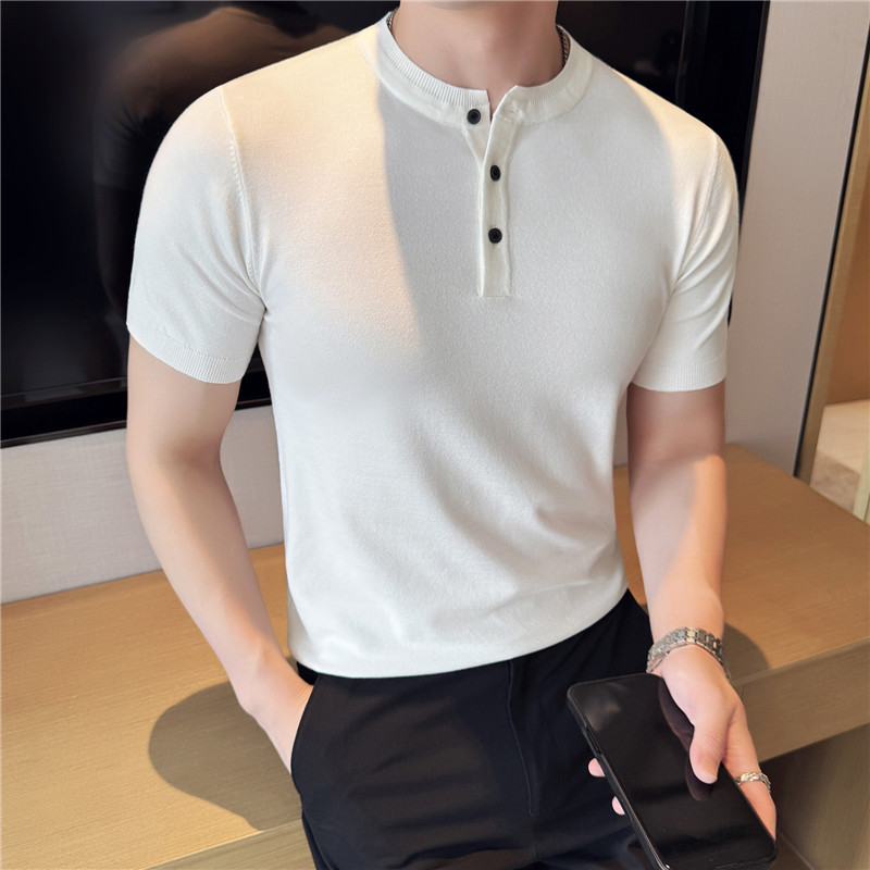 夏季新款高级感亨利领针织短袖T恤冰丝薄款修身上衣T2616-P63，男装T恤，电商A213