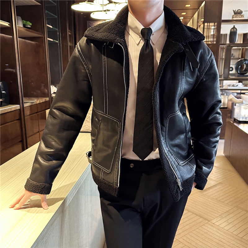 冬季加厚棉衣男皮毛一体棉服皮外套翻领拉链PU皮夹克PM22127-P263,男装棉衣,电商A213