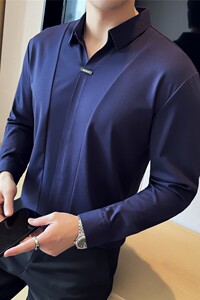 拼接个性V领长袖POLO衫男高级感弹力无痕翻领T恤宝蓝色T2811-P78图片