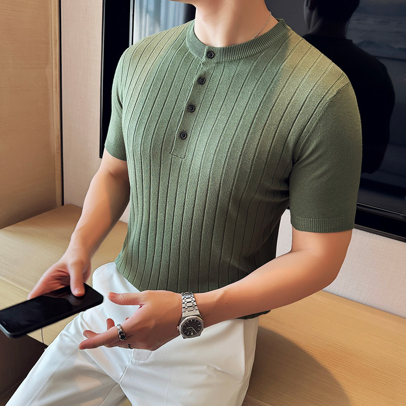 新中式圆领针织Polo衫~冰丝条纹亨利领短袖T恤男米白色PL8939-P58,男装T恤,电商A213