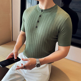 新中式圆领针织Polo衫~冰丝条纹亨利领短袖T恤男米白色PL8939-P58，男装T恤，电商A213