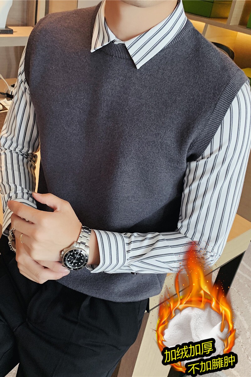 保暖加厚加绒时尚假两件条纹拼接衬衫领针织背心男毛衣JR6801-P98,男装针织衫/毛衣,电商A213