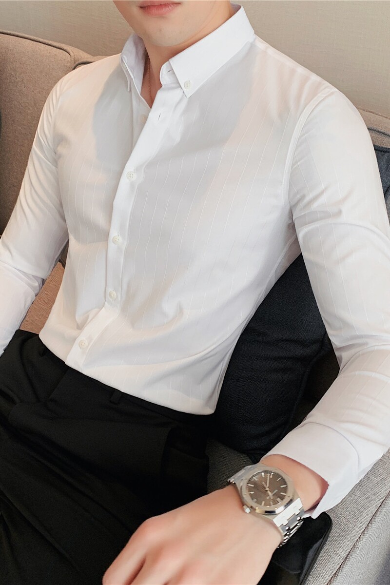 春装新款男条纹衬衫长袖高级免烫衬衣修身商务寸衫白色C2039-P63,男装衬衫,电商A213