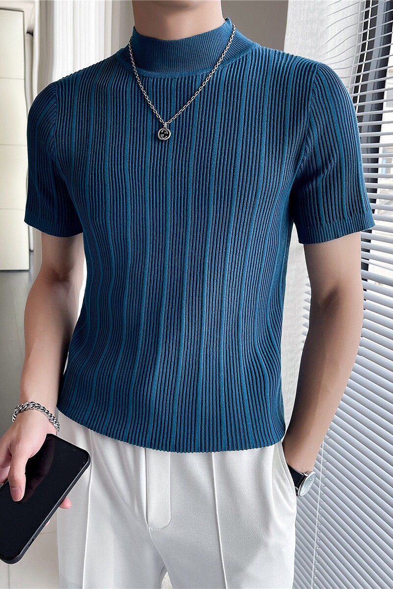 轻熟风~针织短袖半高领T恤男修身内搭上衣毛衣打底衫蓝色MY02-P45,男装T恤,电商A213