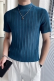 轻熟风~针织短袖半高领T恤男修身内搭上衣毛衣打底衫蓝色MY02-P45，男装T恤，电商A213