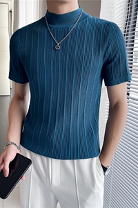 轻熟风~针织短袖半高领T恤男修身内搭上衣毛衣打底衫蓝色MY02-P45图片