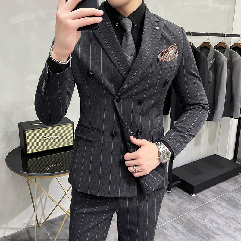 加厚宽条纹双排扣西服套装男商务西装两件套修身中灰LJT306/P230,男装西服套装,电商A213