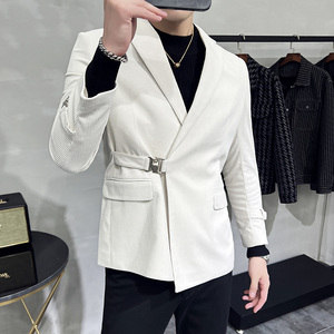 高级感男灯芯绒厚款休闲西服外套条绒西服加厚米白色DX937-P155
