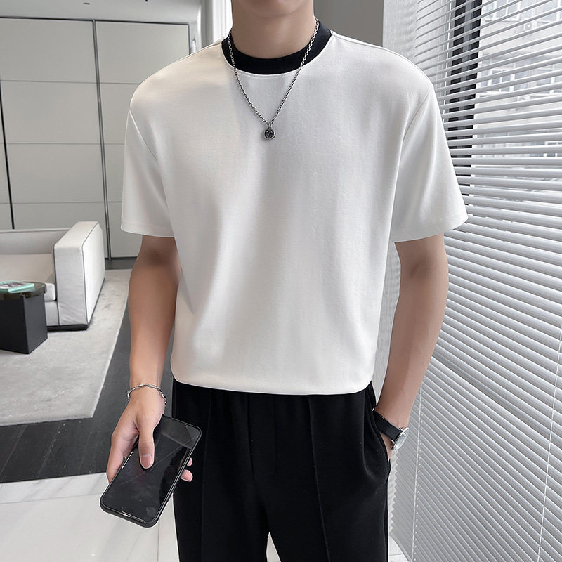 轻熟风~假两件领口~圆领短袖t恤男纯棉宽松纯色打底黑色TU271-P53,男装T恤,电商A213