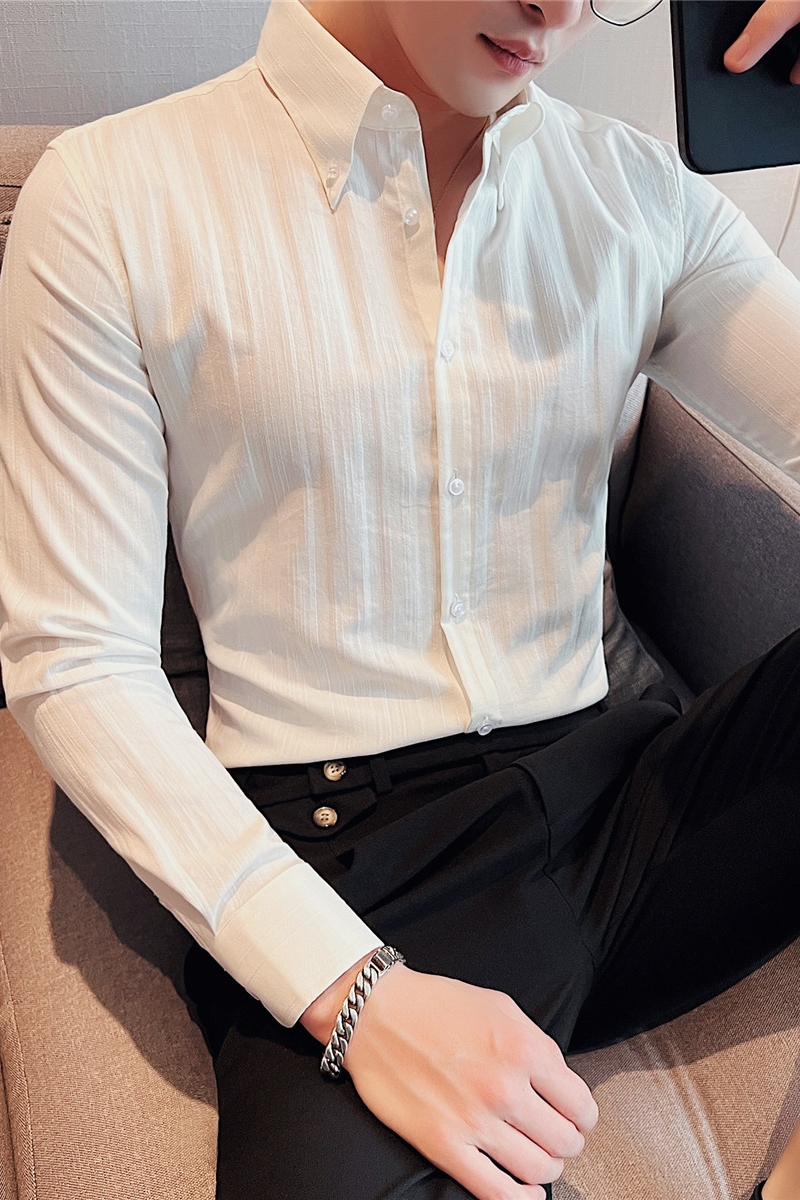 主推款网红大尖领衬衫男士长袖质感面料时尚条纹衬衣白色C46-P65，男装衬衫，电商A213