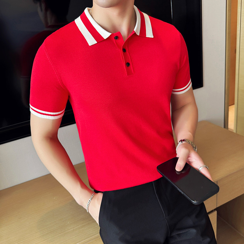 夏季冰丝薄款撞色针织短袖Polo衫男拼色翻领T恤红色PL2371-P47图片