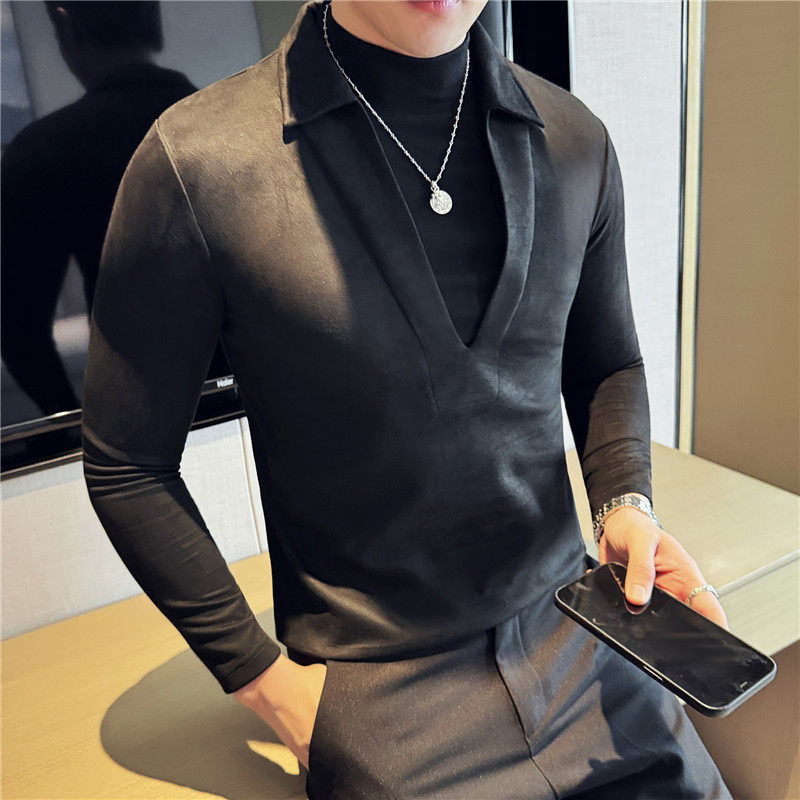 个性加厚毛呢衬衫深V领拼接假两件T恤打底衫潮CT089-P57图片