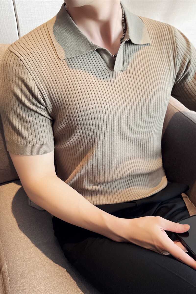高级感暗条纹V领针织POLO衫男冰丝修身翻领短袖T恤绿色PL2612-P63，男装T恤，电商A213